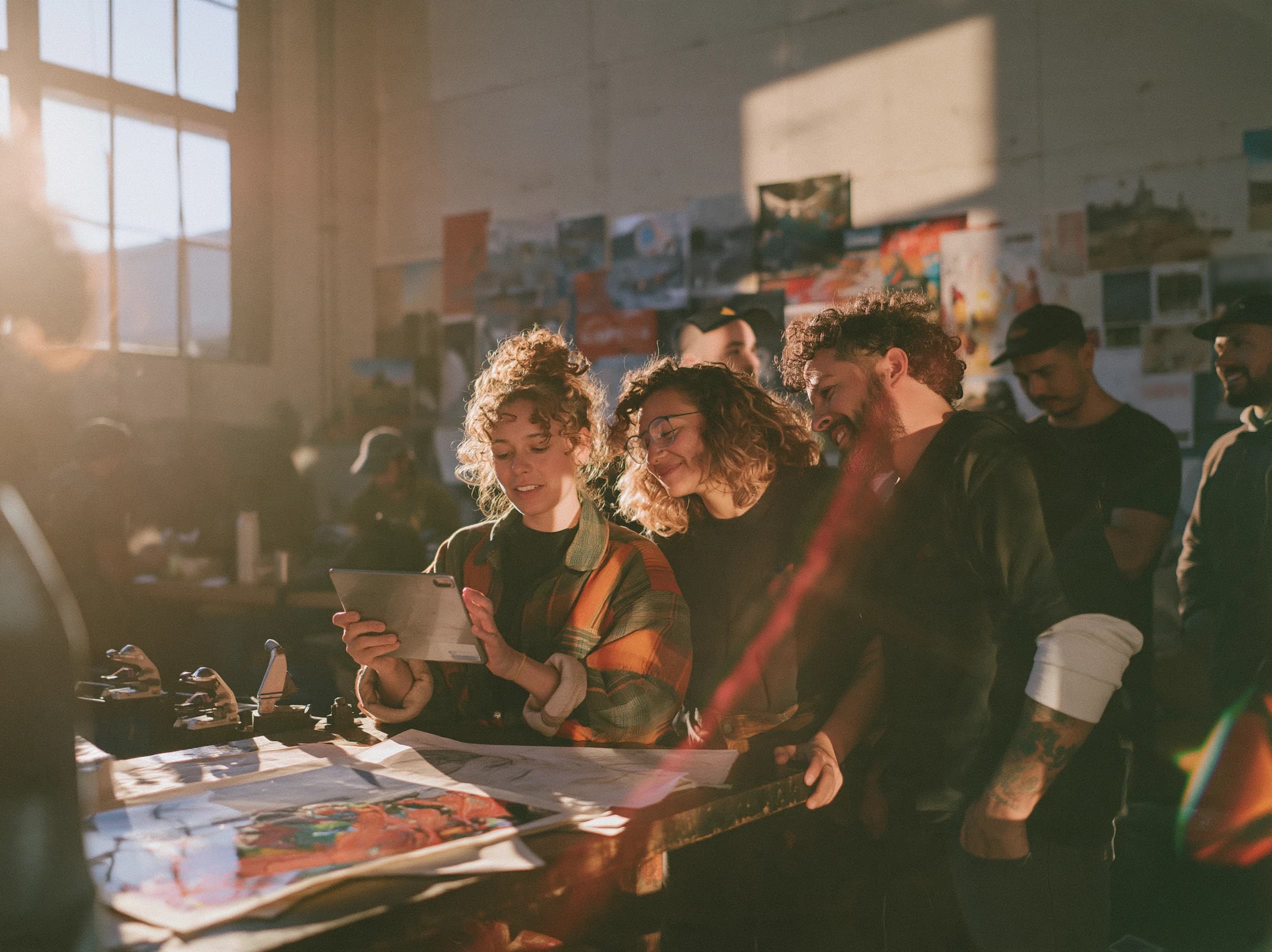 A team gathered around a workbench in a sunlit workshop, smiling as they look at a tablet together.