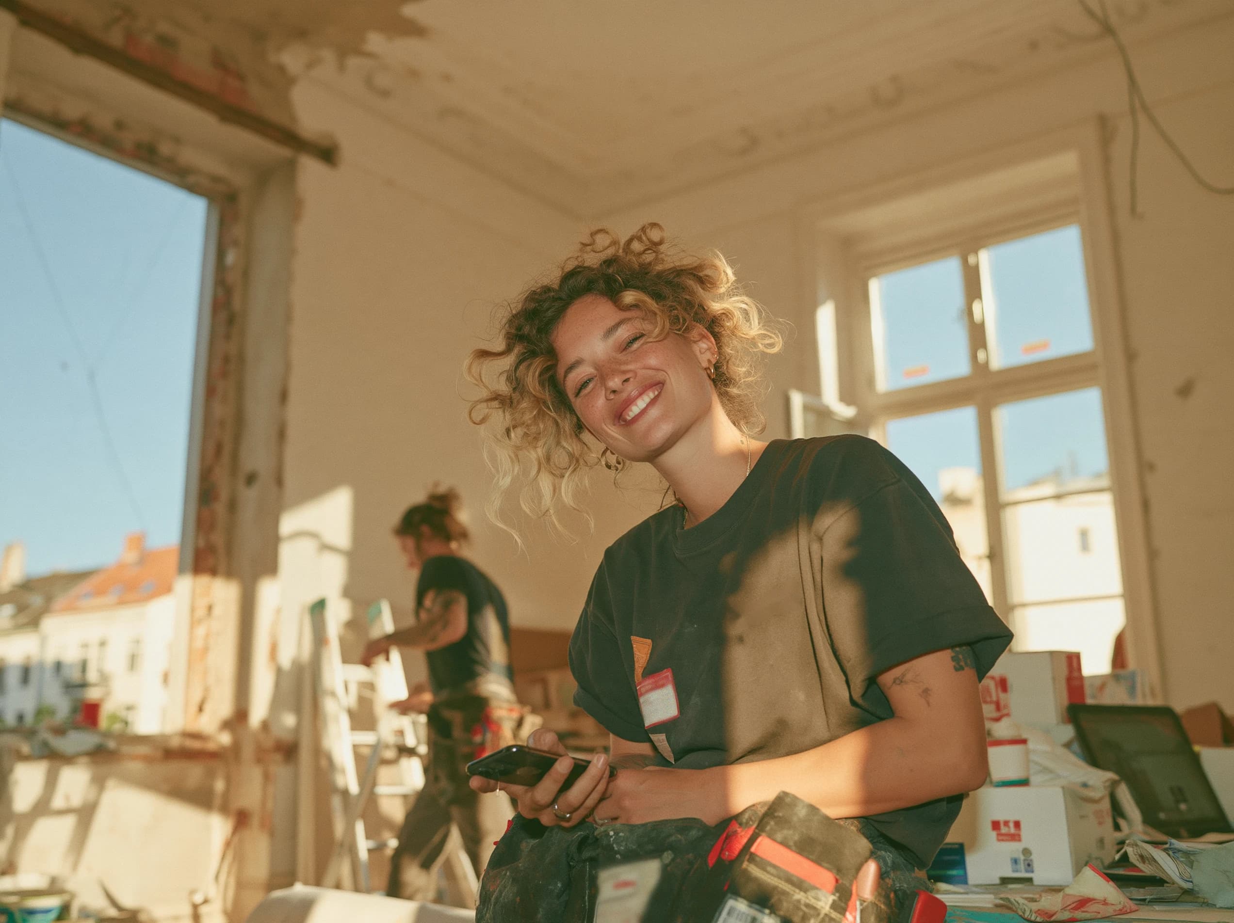 A smiling tradeswoman with a phone in her hand in a bright room under renovation, with someone working at a ladder behind her.