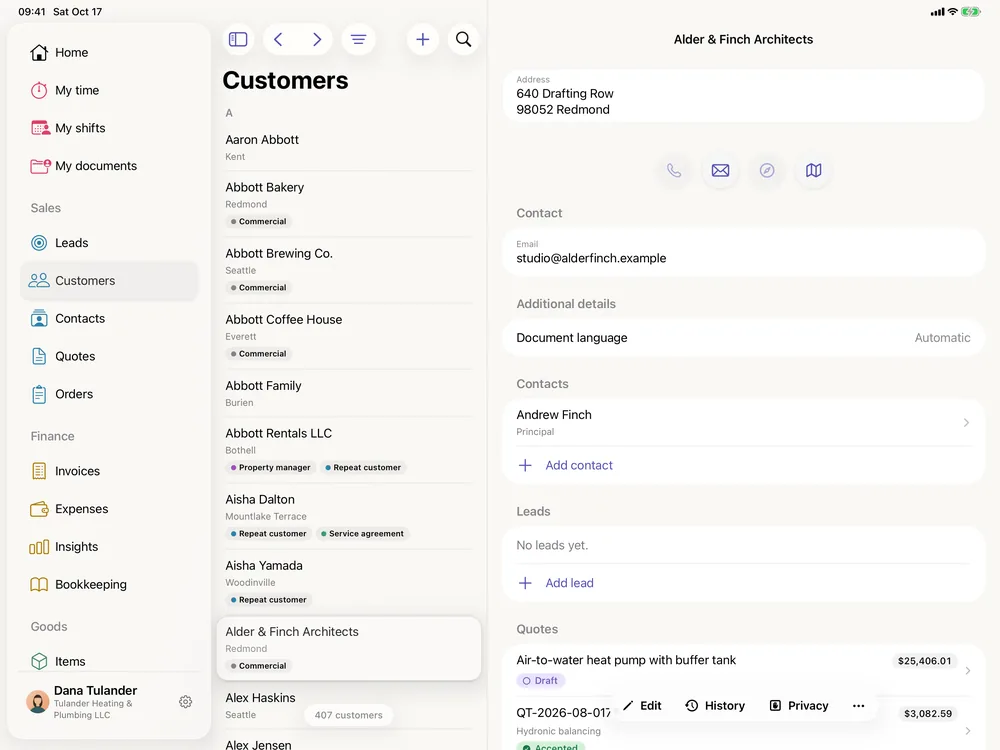 miphu on iPad: the customer list beside the opened customer Alder & Finch Architects with address, buttons for email and map, contact email and contacts